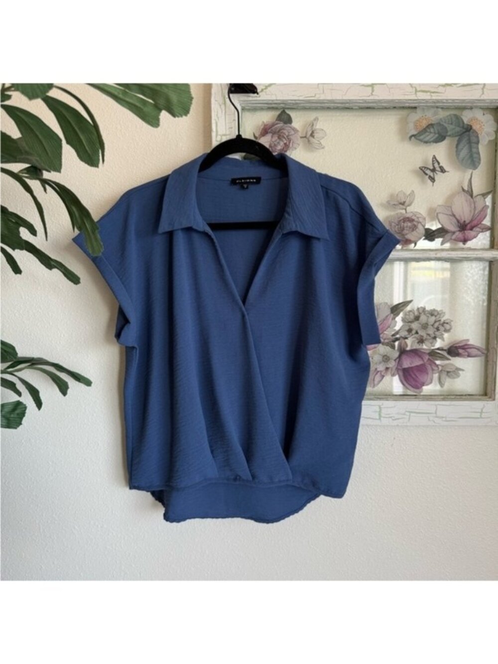 Pleione Slate Blue Draped V-Neck Collared Blouse Size M
